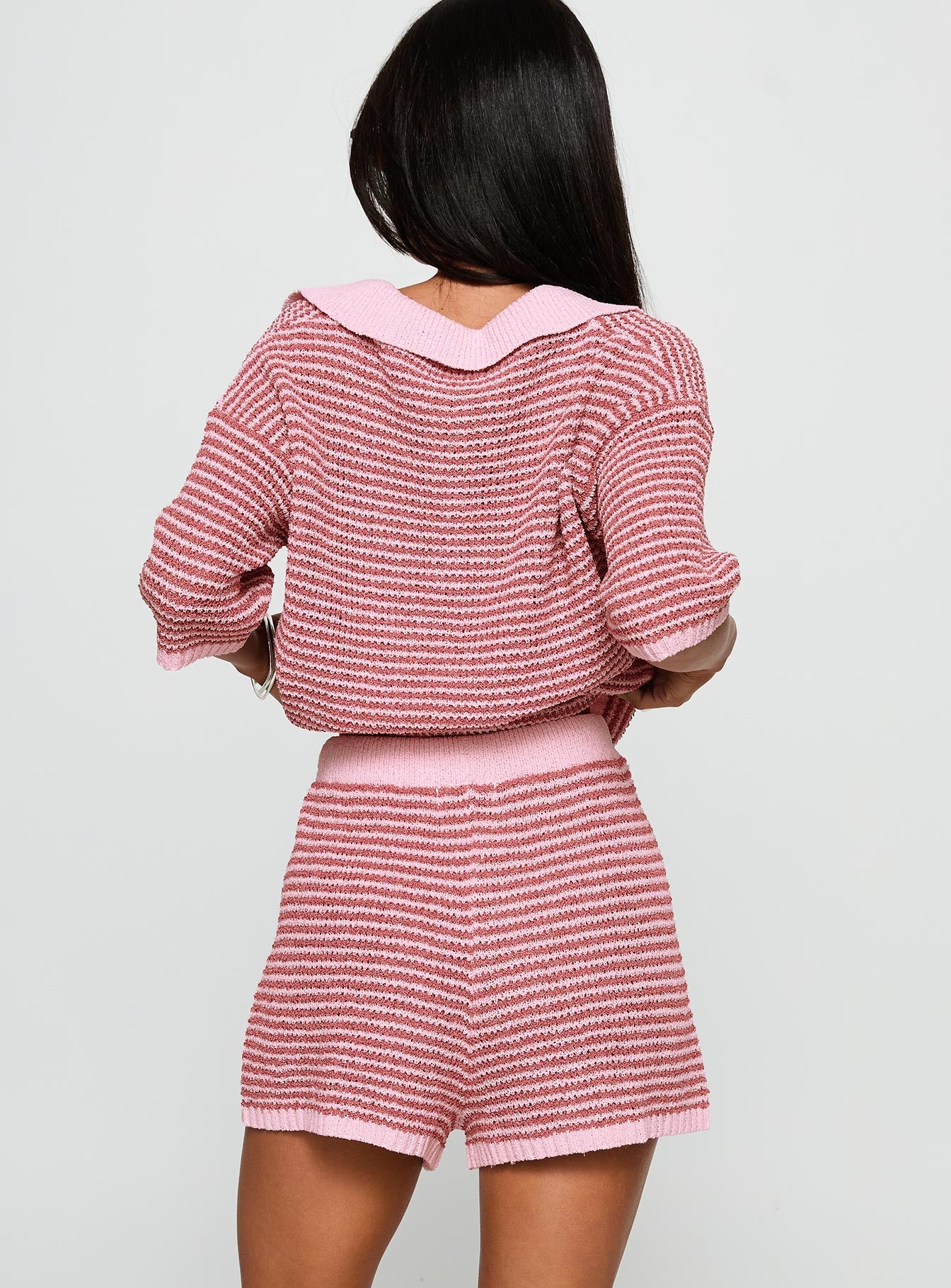 back view of model wearing Princess Polly Pacifique Crochet Shorts Pink Multi High Waisted Shorts 