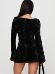 back view of model wearing Princess Polly Vinelle Long Sleeve Mini Dress Black Square Neck 