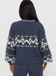 back view of model wearing Princess Polly Alpine Sweater Navy / Cream Long 