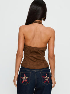 Dalyah Faux Suede Halter Top Brown