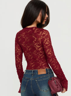 back view of model wearing Princess Polly Giallo Long Sleeve Bodysuit Burgundy Long Sleeve Tops 