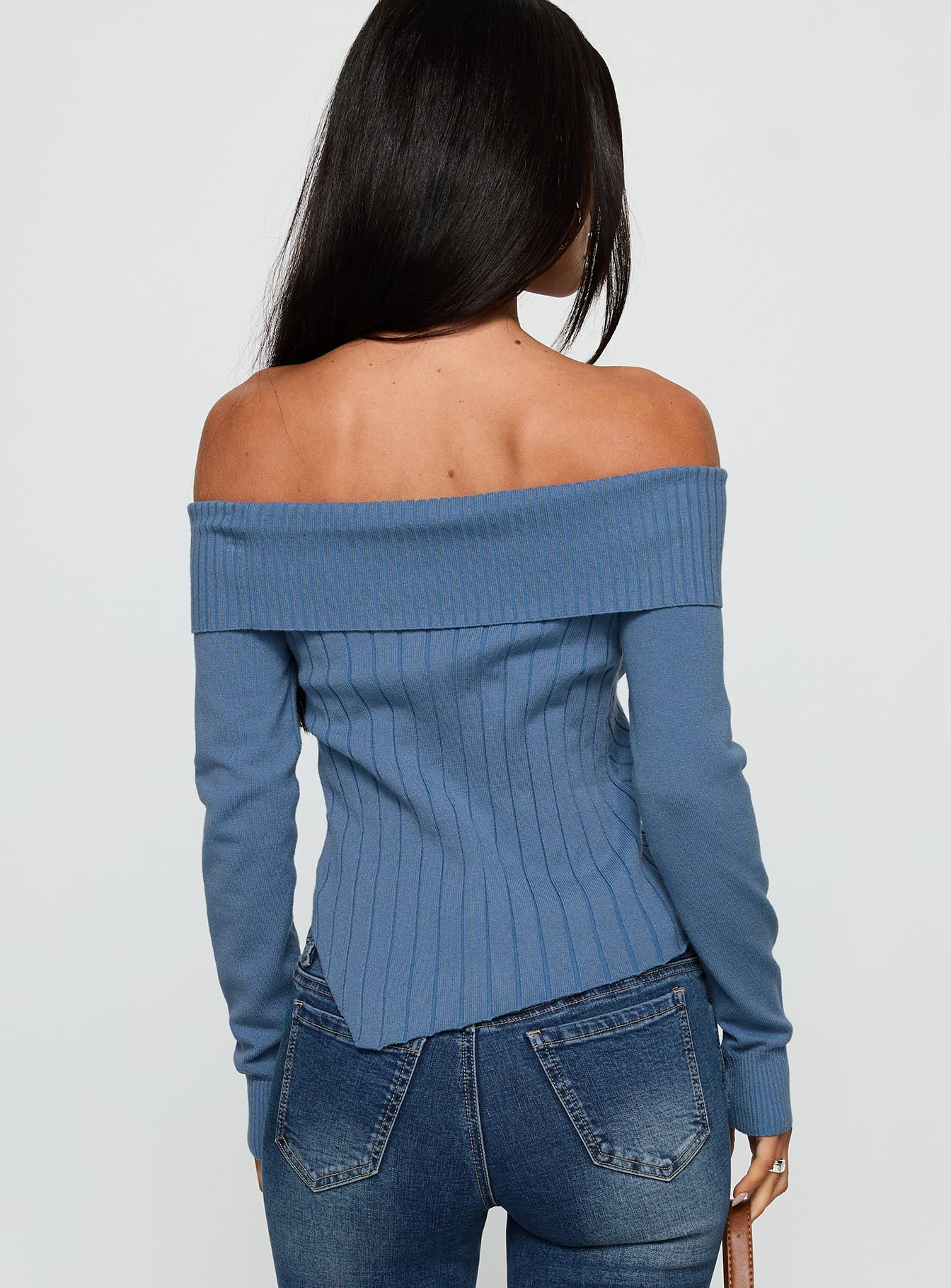 back view of model wearing Princess Polly Brisa Long Sleeve Top Blue Full Sleeves straight 