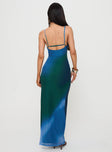 back view of model wearing Princess Polly Amoret Maxi Dress Blue / Green Scoop Neck 