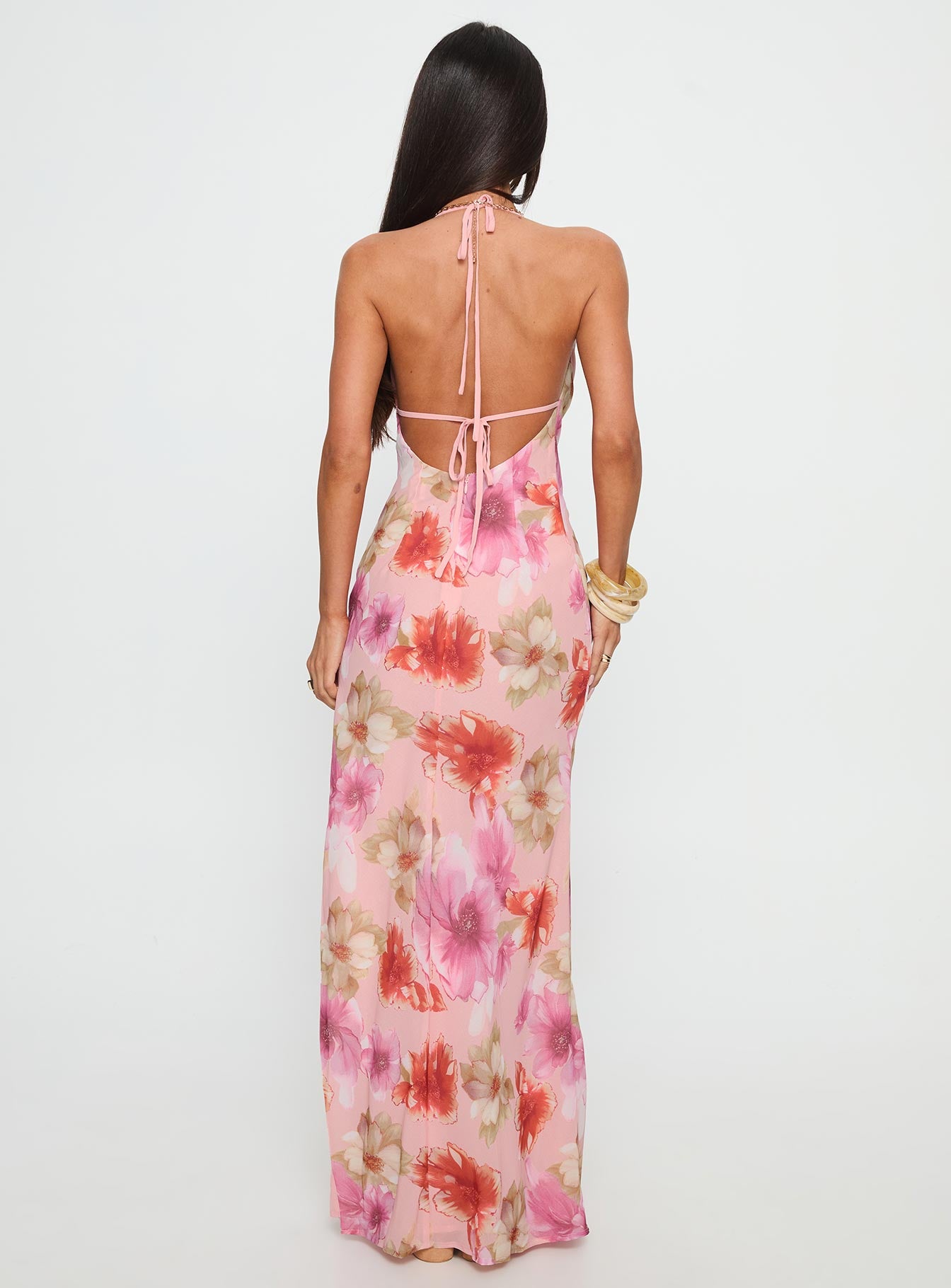 Sibellah Beaded Cowl Neck Maxi Dress Pink Multi