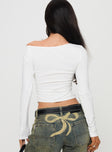 back view of model wearing Princess Polly Karre Off The Shoulder Long Sleeve Top White Full Sleeves Asymmetric Neckline 