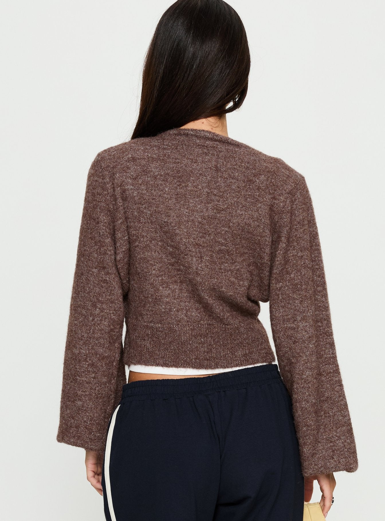 back view of model wearing Princess Polly Dawsen Button Down Cardigan Brown cropped 