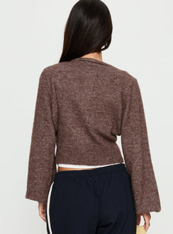 back view of model wearing Princess Polly Dawsen Button Down Cardigan Brown cropped 