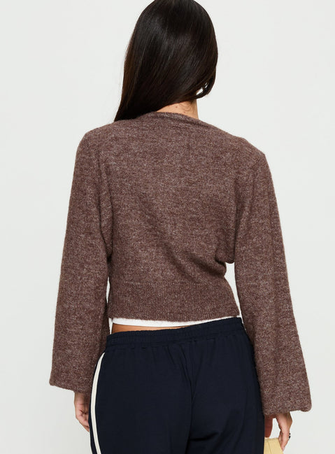 back view of model wearing Princess Polly Dawsen Button Down Cardigan Brown cropped 