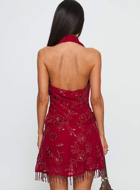 back view of model wearing Princess Polly Twilight Zone Beaded Mini Skirt Red Mini Skirts 