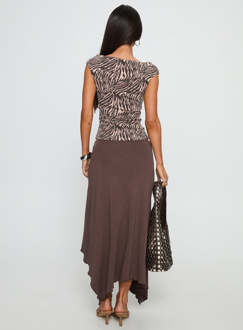 back view of model wearing Princess Polly Futura Asymmetrical Midi Skirt Chocolate Maxi Skirts 