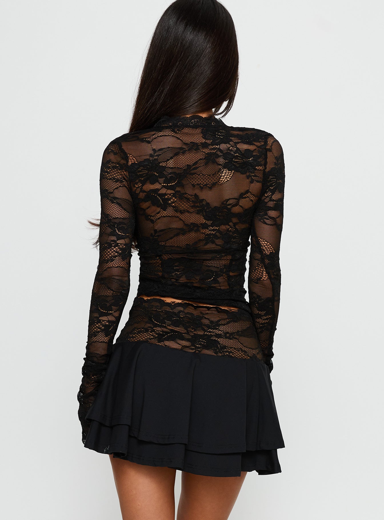 back view of model wearing Princess Polly Kecia Lace Waistband Mini Skirt Black Mini Skirts 