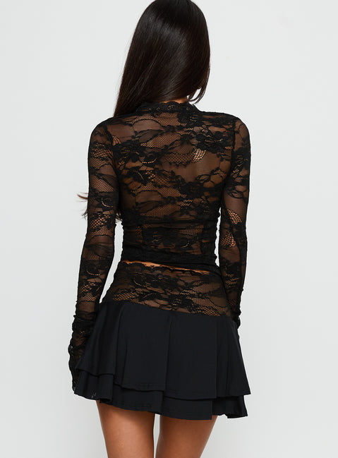 back view of model wearing Princess Polly Kecia Lace Waistband Mini Skirt Black Mini Skirts 
