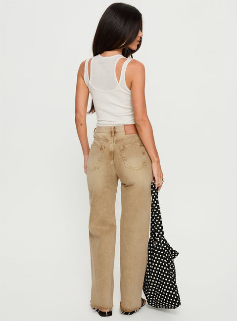 back view of model wearing Princess Polly Fawcett High Rise Straight Leg Jeans Tan High Rise Jeans 