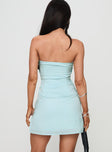 back view of model wearing Princess Polly Irena Strapless Mini Dress Light Blue Sweetheart Neckline 