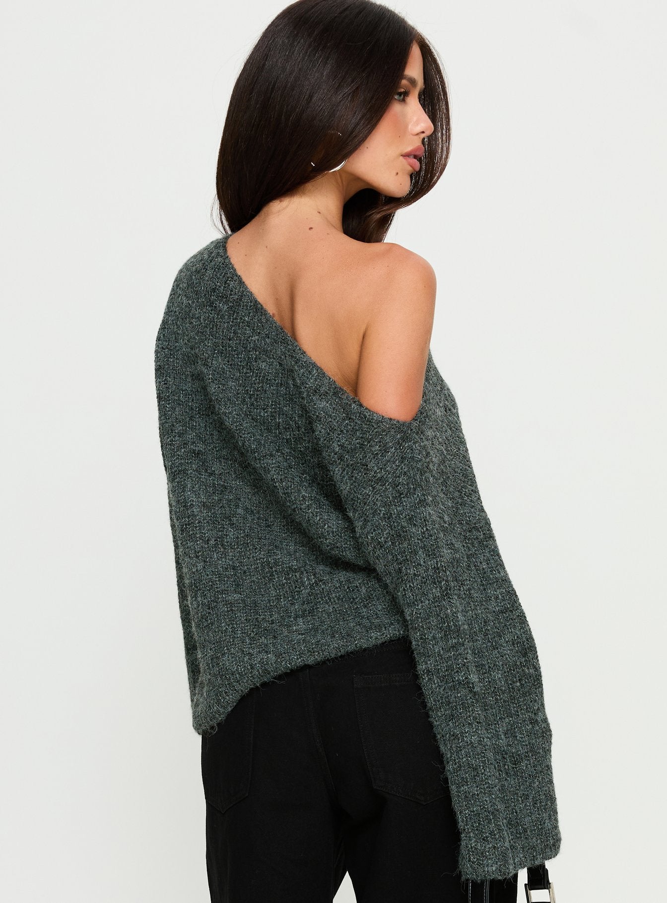 back view of model wearing Princess Polly Delyn Off Shoulder Slouchy Knit Sweater Black Marle 