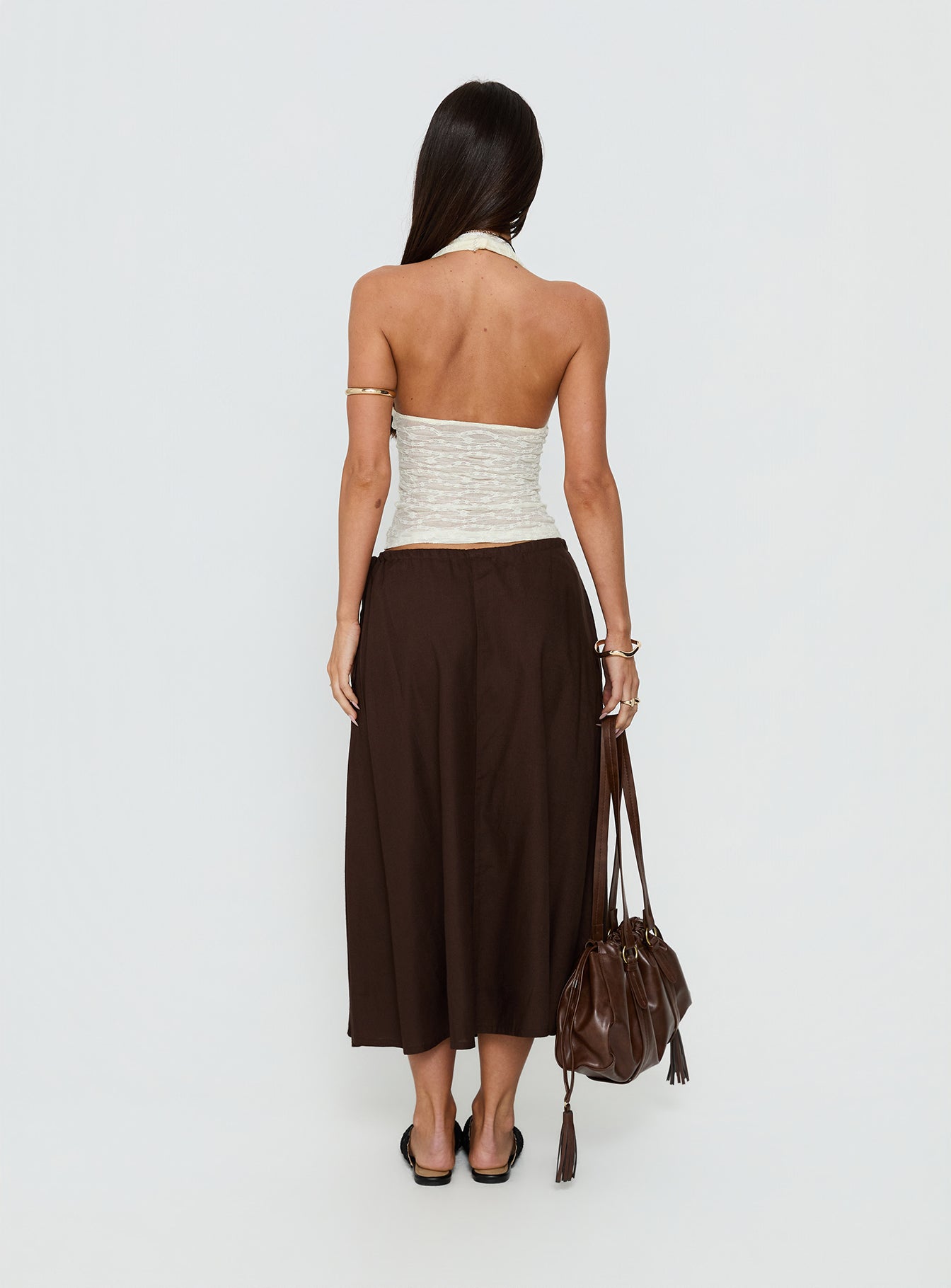 back view of model wearing Princess Polly Persuasion Tie Side Midi Skirt Chocolate Midi Skirts 