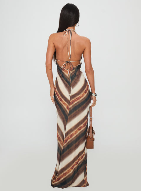 Esmira Halter Maxi Dress | Brown Stripe | Womens | Princess Polly Lower Impact Esmira Halter Maxi Dress | Brown Stripe | Womens | Princess Polly Lower Impact