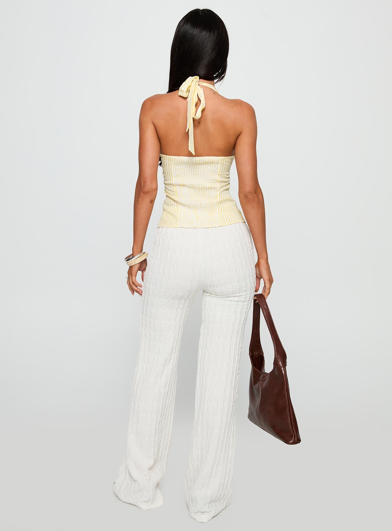 back view of model wearing Princess Polly Leisure State Knit Pant White High Waisted Pants 