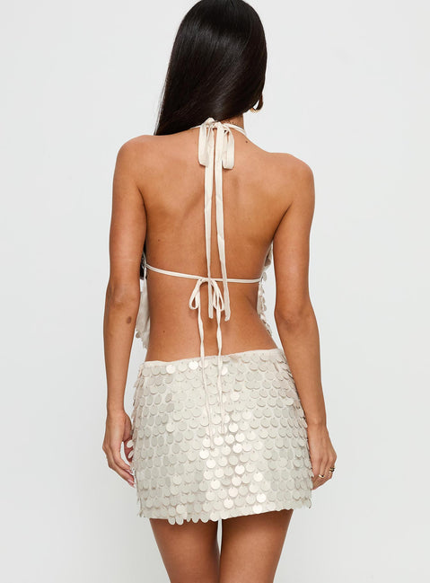 back view of model wearing Princess Polly Brittanie Sequin Mini Skirt Cream Mini Skirts 