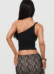 back view of model wearing Princess Polly Anwen Top Black Sleeveless Asymmetric Neckline 