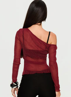 Zondra Sheer One Shoulder Top Burgundy Shimmer