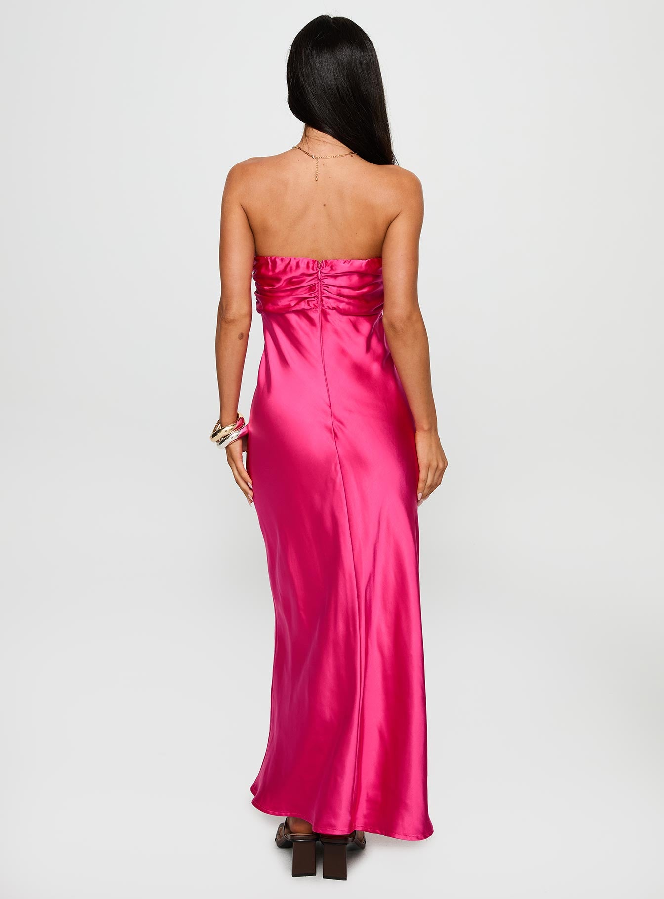 back view of model wearing Princess Polly Cyprian Strapless Maxi Dress Hot Pink Sweetheart Neckline 