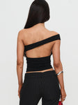 back view of model wearing Princess Polly Irina Multi-Wear Top Black Sleeveless Asymmetric Neckline 