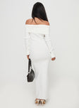 back view of model wearing Princess Polly Celestara Off The Shoulder Maxi Dress White Straight Neck 