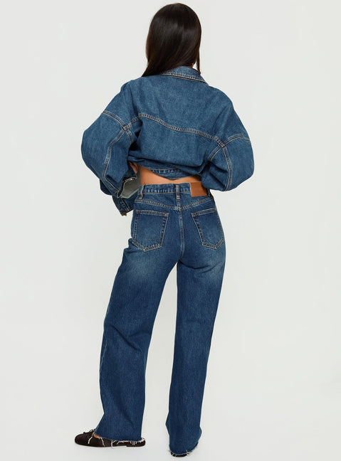 back view of model wearing Princess Polly Fawcett High Rise Straight Leg Jeans Dark Blue Wash High Rise Jeans 