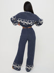 back view of model wearing Princess Polly Alpine Knit Pants Navy / Cream High Waisted Pants 