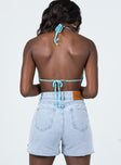 back view of model wearing Princess Polly Leonie Lightwash Denim Shorts Lower Impact High Waisted Shorts 