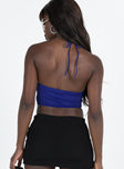 Blue top Halter neck tie Low back Invisible zip fastening at side