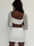 Matching set Mesh material  Long sleeve crop top  Wired cups  High waisted mini skirt  Elasticated waistband  Good stretch  Lined body  Sheer sleeves 