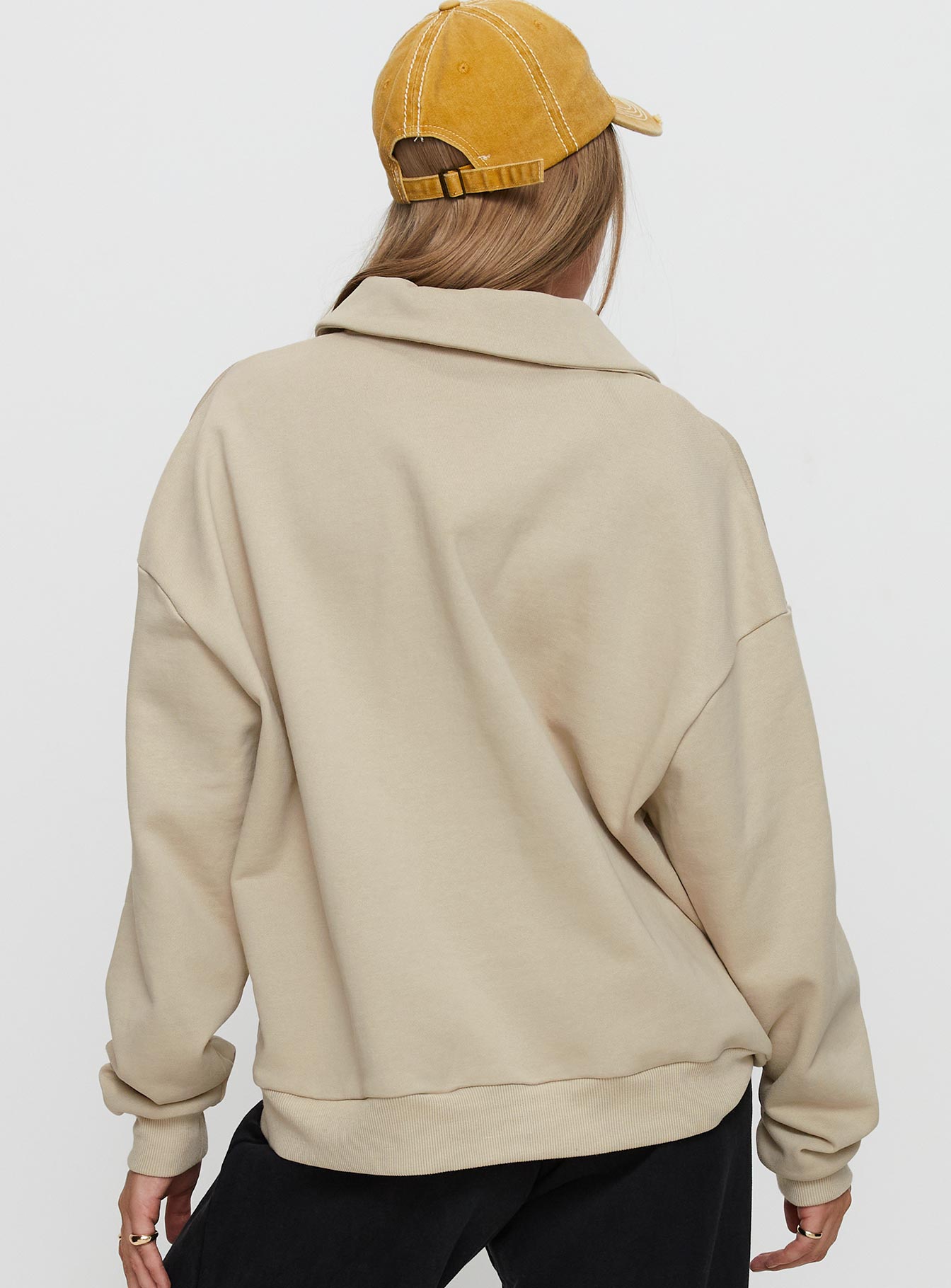 back view of model wearing Princess Polly Back Around Collared Fleece Jumper Oat Long 