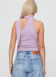 back view of model wearing Princess Polly Anderstone Neck Tie Top Purple Sleeveless Asymmetric Neckline 