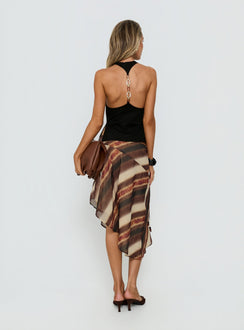 back view of model wearing Princess Polly Esmira Asymmetrical Midi Skirt Brown Stripe Midi Skirts 