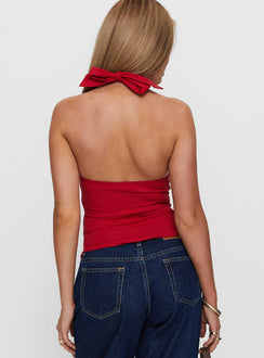 back view of model wearing Princess Polly Merril Halter Top Red Sleeveless High Neck 
