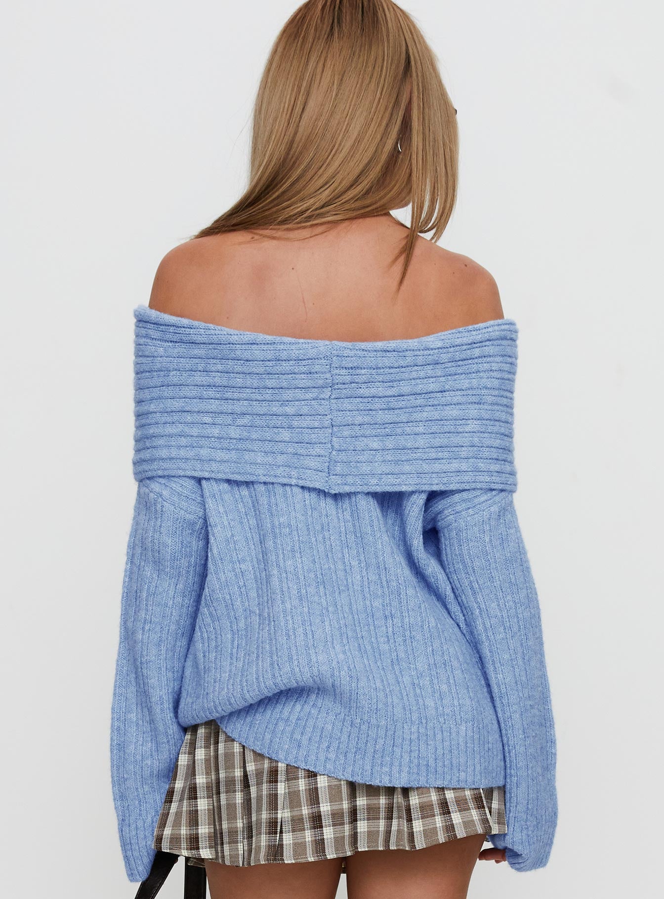 back view of model wearing Princess Polly Snowie Off Shoulder Knit Sweater Blue 