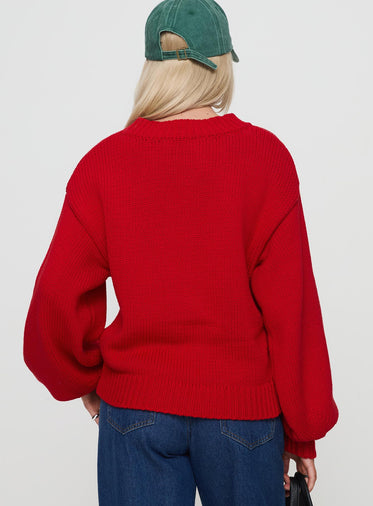 Harmony Balloon Sleeve Knit Sweater Red