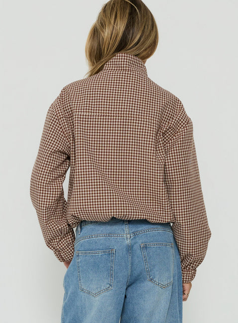Khodana Funnel Neck Button Down Jacket Micro Brown Check