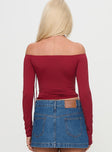 back view of model wearing Princess Polly Where You At Off Shoulder Long Sleeve Top Red Full Sleeves straight 