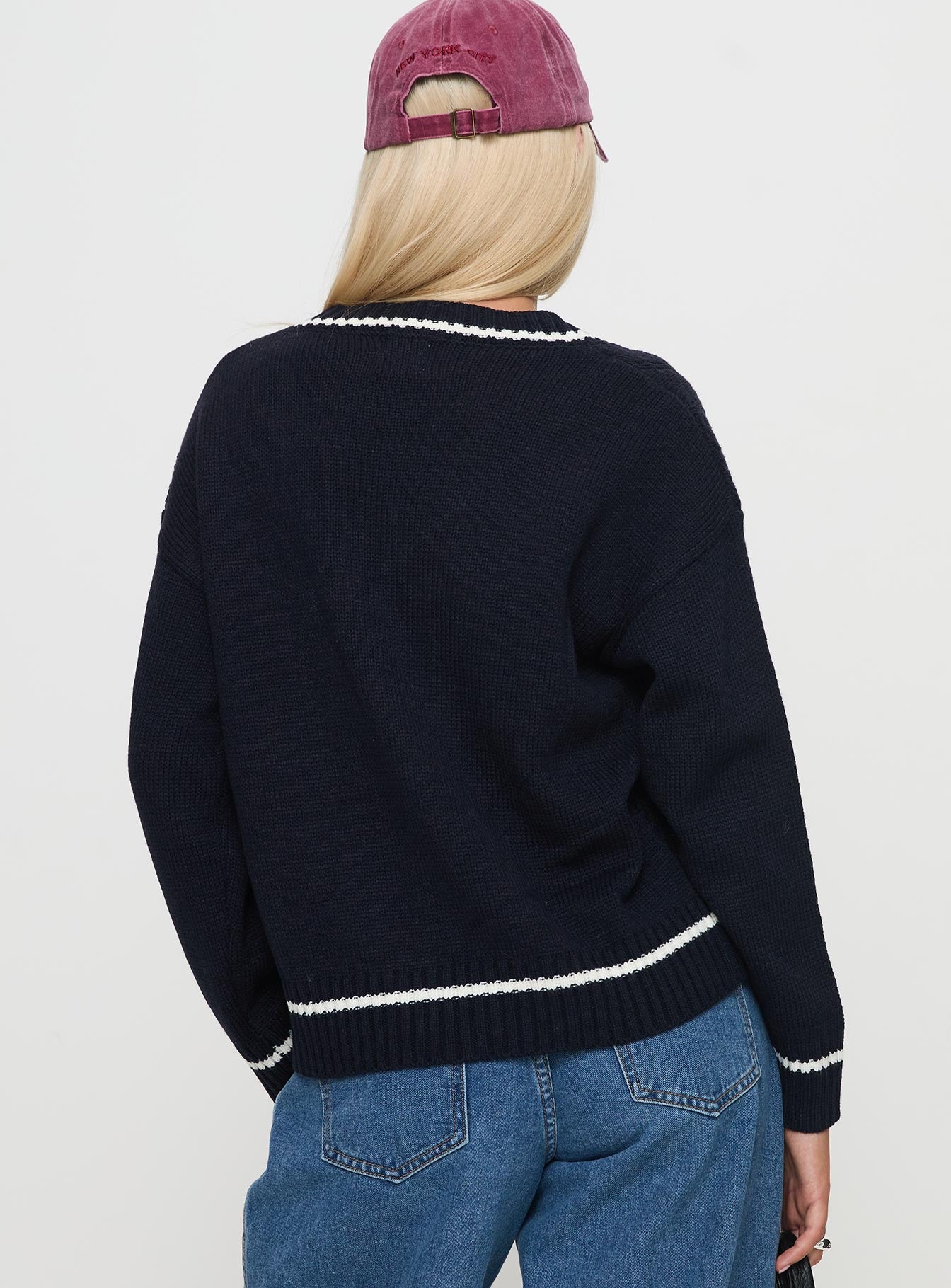 back view of model wearing Princess Polly Covina V Neck Knit Sweater Navy 