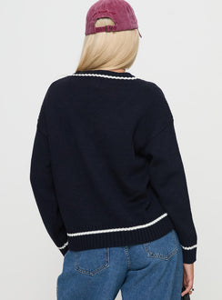 back view of model wearing Princess Polly Covina V Neck Knit Sweater Navy 
