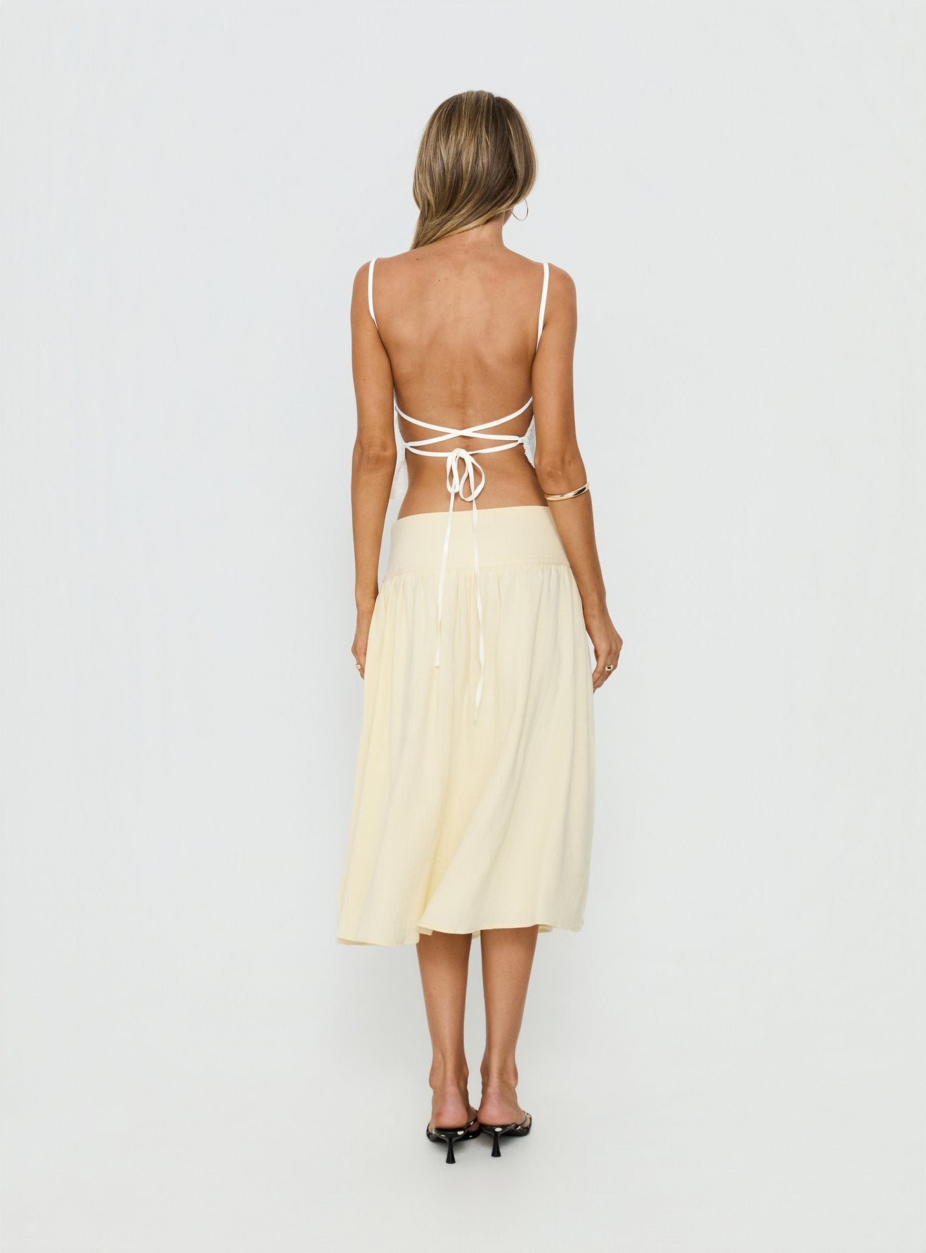 back view of model wearing Princess Polly Heart Of Gold Linen Blend Midi Skirt Lemon Midi Skirts 
