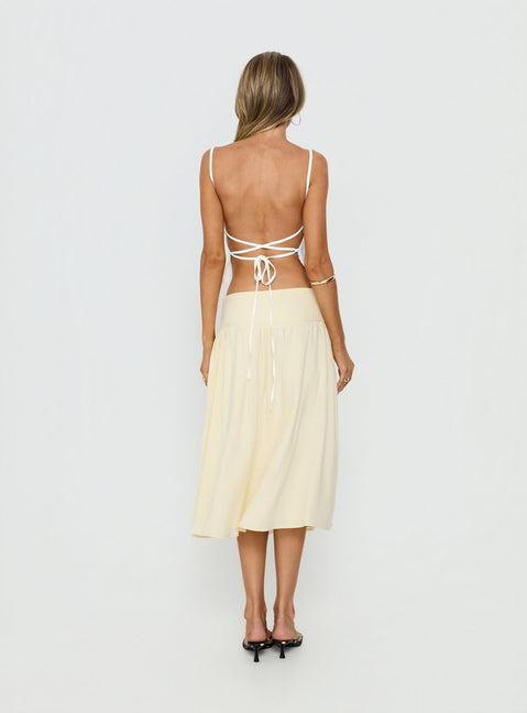back view of model wearing Princess Polly Heart Of Gold Linen Blend Midi Skirt Lemon Midi Skirts 