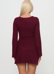 back view of model wearing Princess Polly Sandyra Knit Mini Dress Maroon Scoop Neck 