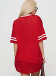 back view of model wearing Princess Polly Michail Jersey Mini Dress Red V-Neck 