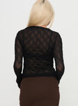 back view of model wearing Princess Polly Altaira Long Sleeve Sheer Top Black Full Sleeves Boat Neck 