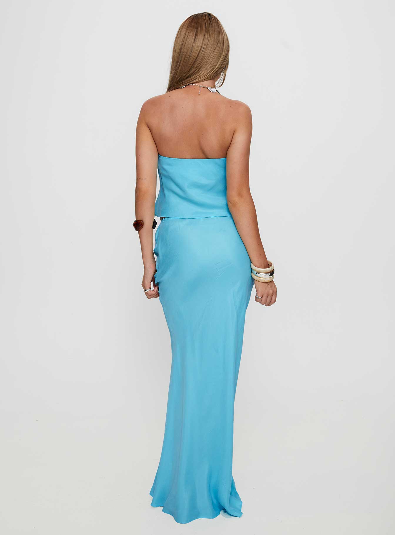 back view of model wearing Princess Polly Lucelia Maxi Skirt Aqua Maxi 