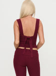 back view of model wearing Princess Polly Mooring Square Neck Top Maroon Sleeveless Square Neck 